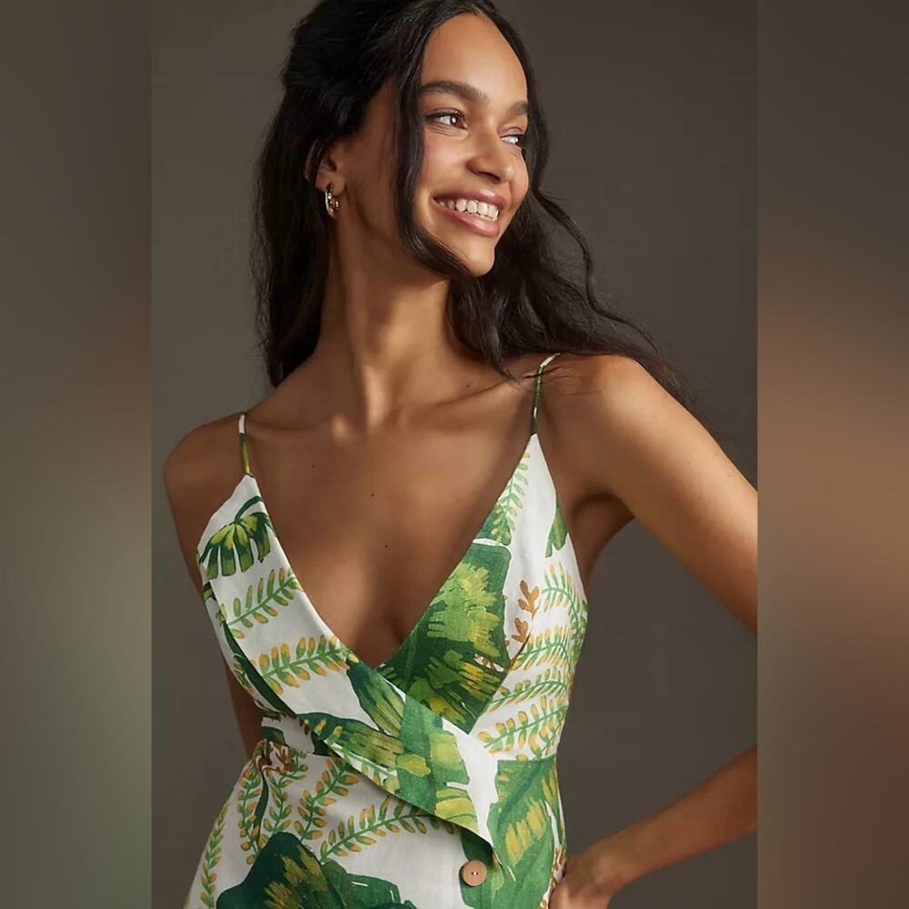 Farm Rio Tropical Forest Linen Mini Dress Green XS - Picture 4 of 10